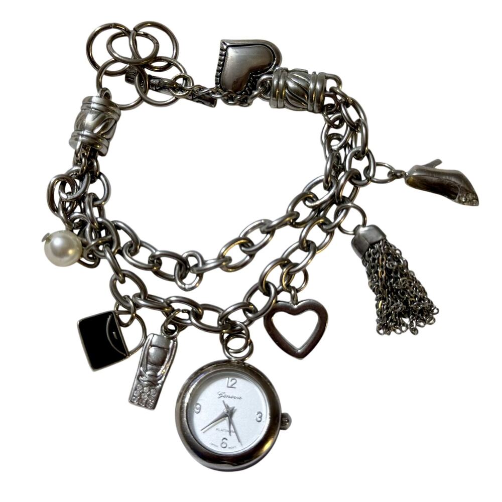 VTG Geneva Charm Bracelet Watch Silver Tone Heart Tassel Japan Quartz Working